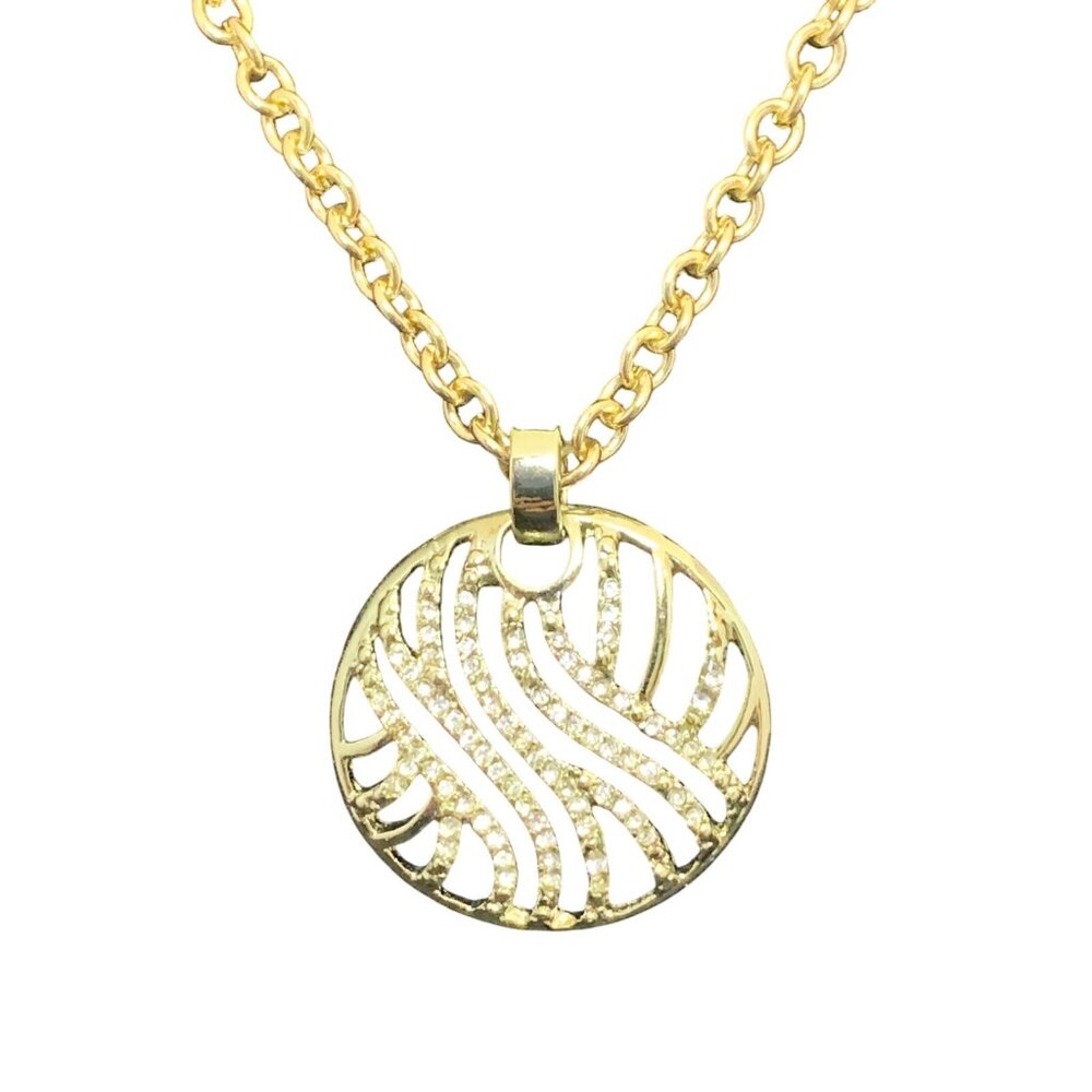 New Avon Gold Tone And Clear Rhinestone Wave Pendant Necklace (1664)